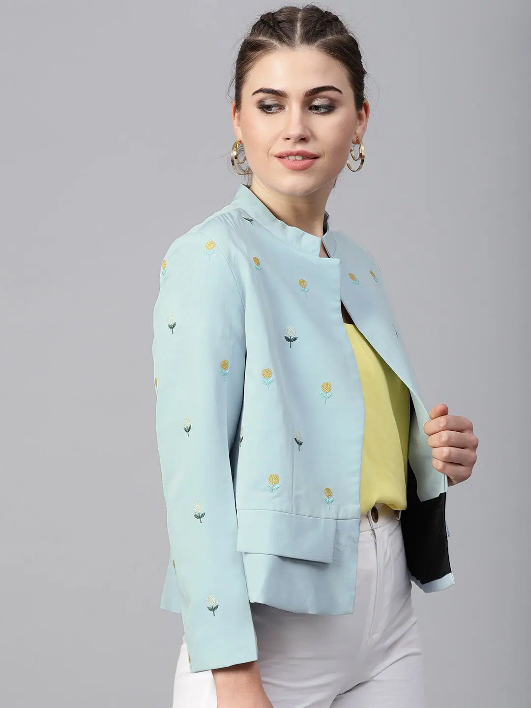 Pastel Solid Fake Pocket Embroidered Blazer Winter Women's Blazer