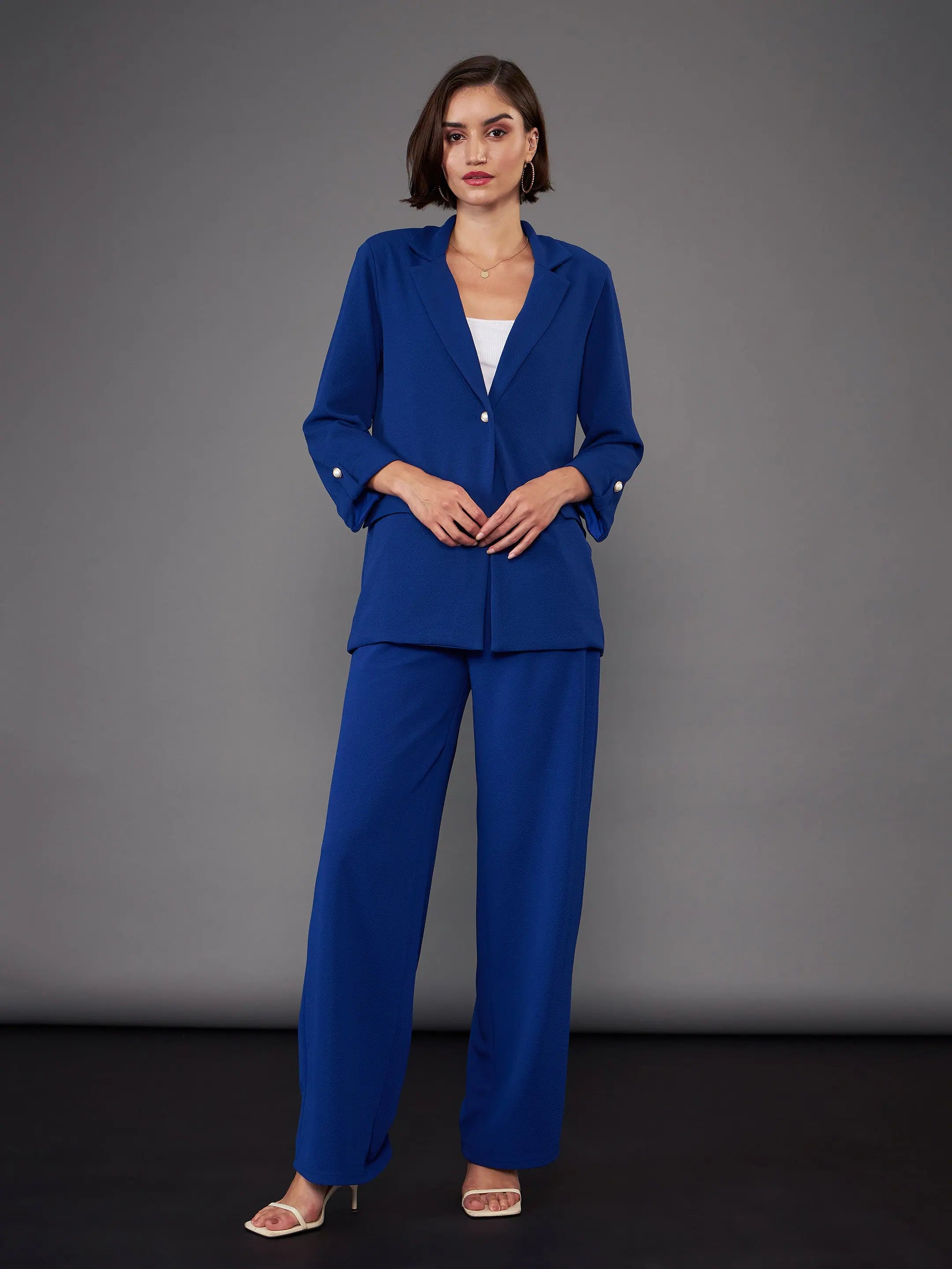 Women Royal Blue Front Button Blazer With Pleated Pants Women's Classic Blazer