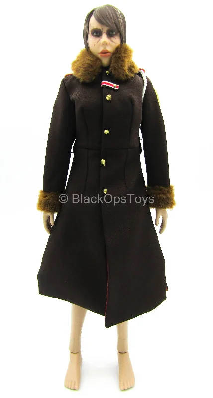 Red Alert Soviet Female Officer - Brown Military Trench Coat Mesh Canvas Denim