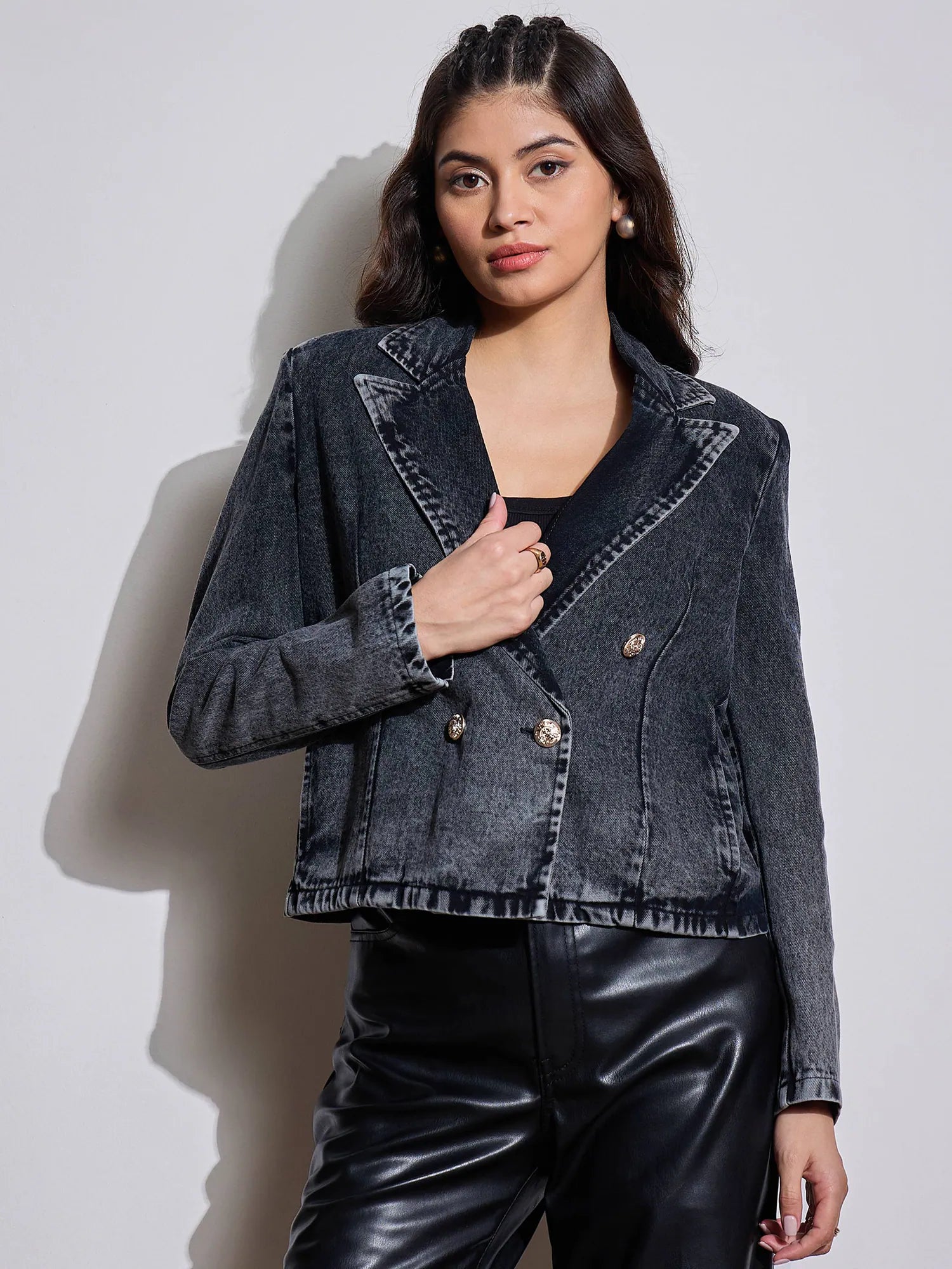 Women Black Denim Front Button Notch Collar Crop Blazer-SFJCKT6957 Women's Elegant Jacket