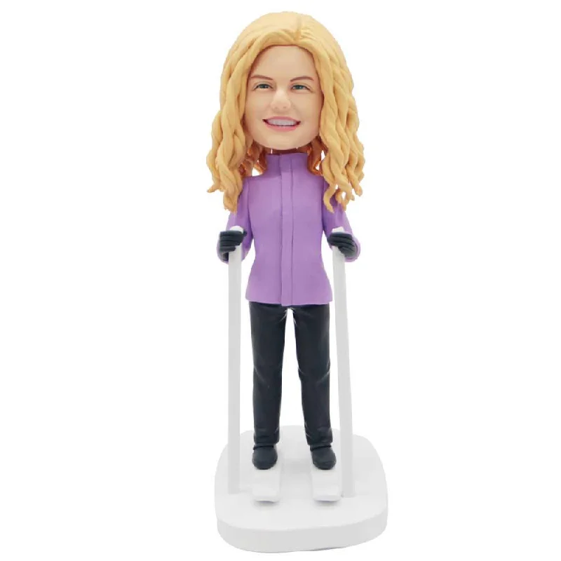 Custom Female Skier Bobbleheads In Purple Coat Hook-and-Loop Buckled Tied