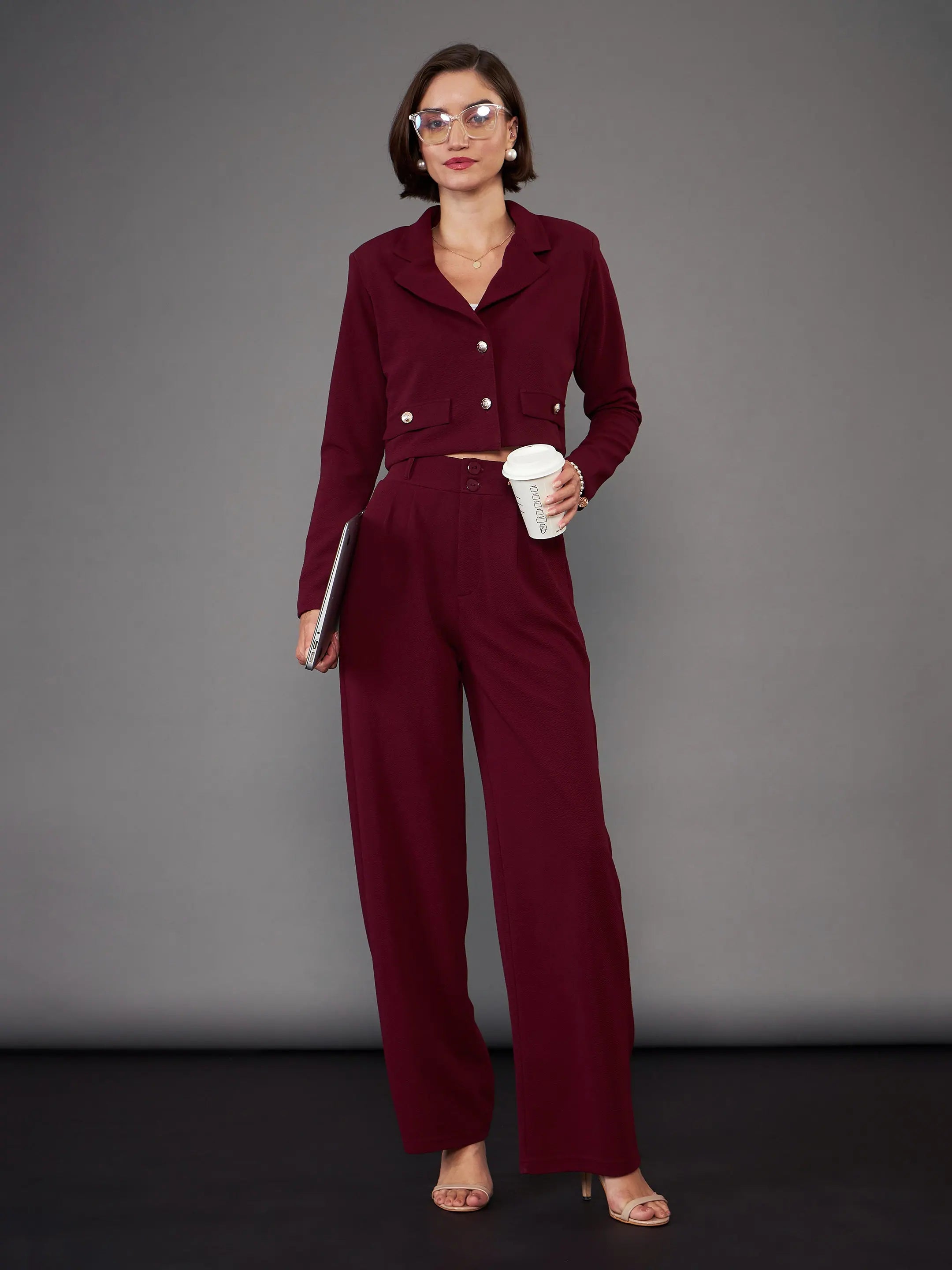 Women Burgundy Notch Collar Crop Blazer With Pleated Pants Women's Fashion Blazer