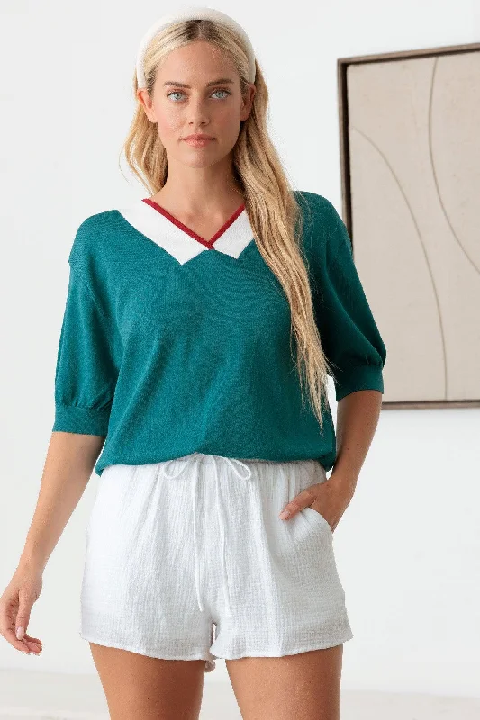 Teal Vintage Chevron Contrasting Accents Knit Top Seasonal Knit Shirt