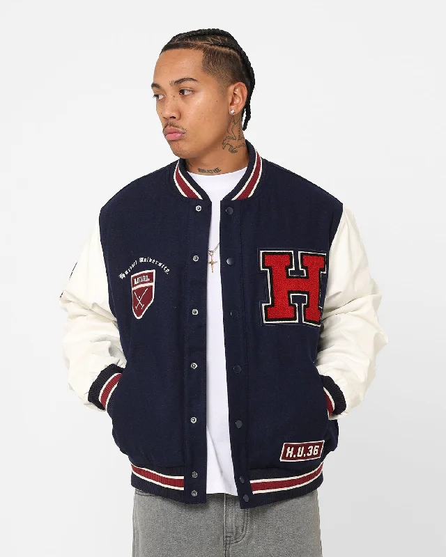 The New Establishment Harvard Two Tone Letterman Jacket Navy/White Snapped Jacket Toggled Jacket Drawstring Jacket Snapped Jacket Toggled Jacket Drawstring Jacket