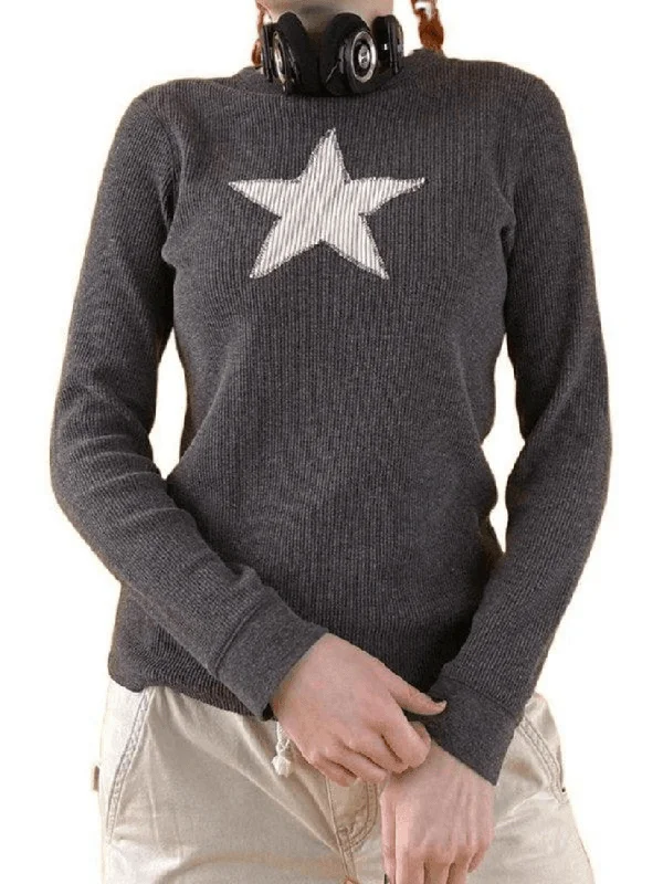 Vintage Star Long Sleeve Knit Top Animal Print Knit Blouse