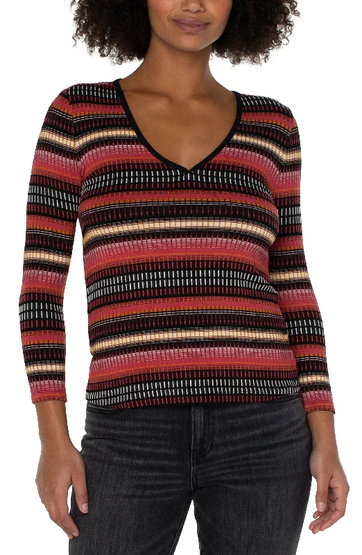 Liverpool 3/4 Sleeve V Neck Knit Top w/Contrast (multi color abstract stripe) Winter Knit Top