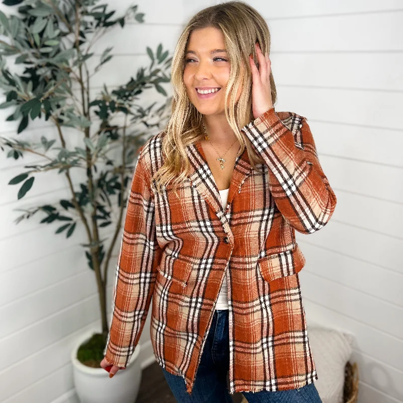 Hold on a Second Plaid Long Sleeve Orange Avery Mae Blazer Women's Premium Blazer