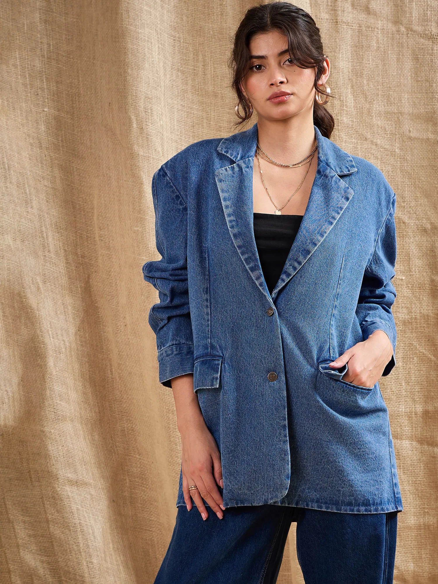 Women Blue Denim Washed Oversized Notch Collar Blazer-SFJCKT6922 Women's Vintage Jacket