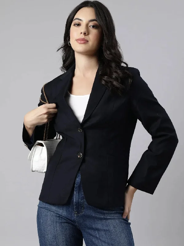 Women Navy Blue Single-Breasted Blazer-25-Navyblue Women's Casual Suit