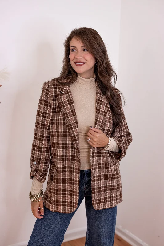 Coffee Dates Brown Plaid Blazer Women's Boutique Suit