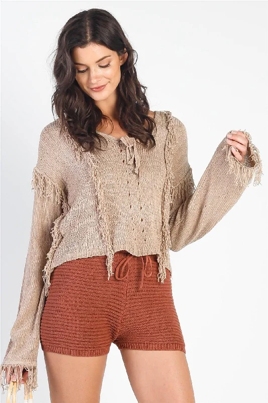 Sand Trim Detail Self-Tie V-Neck Knit Top Casual Weekend Knit Top