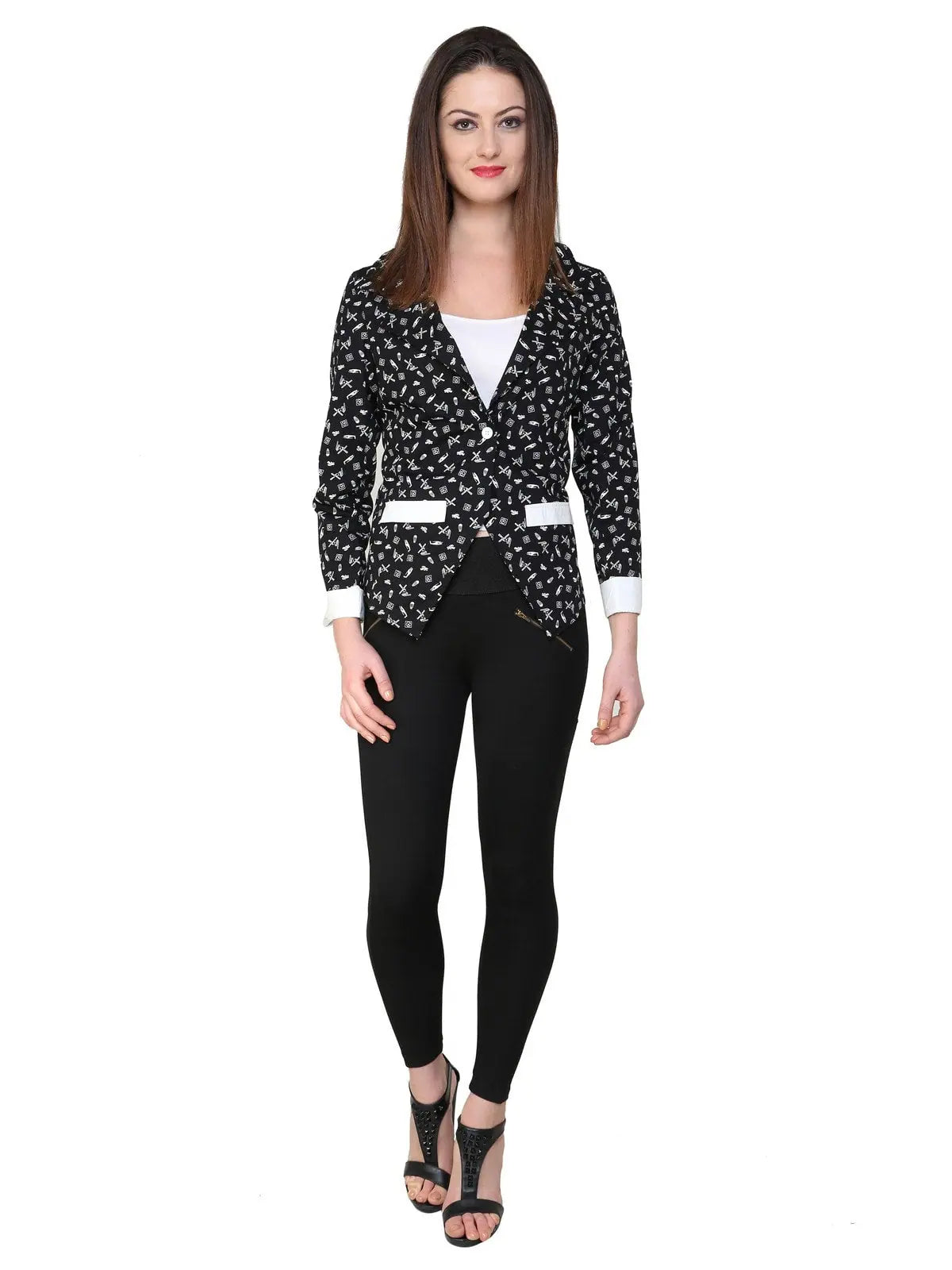 Black Printed Blazer Women's Plaid Suit