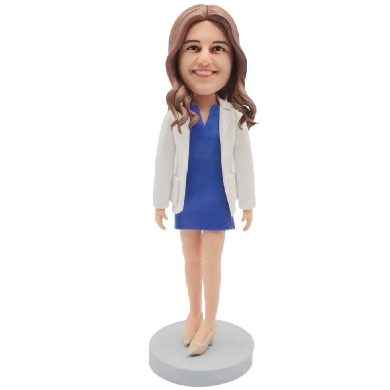 Custom Happy Female Doctor Bobbleheads In White Coat And Blue Dress Collared Crew Neck Turtle Neck