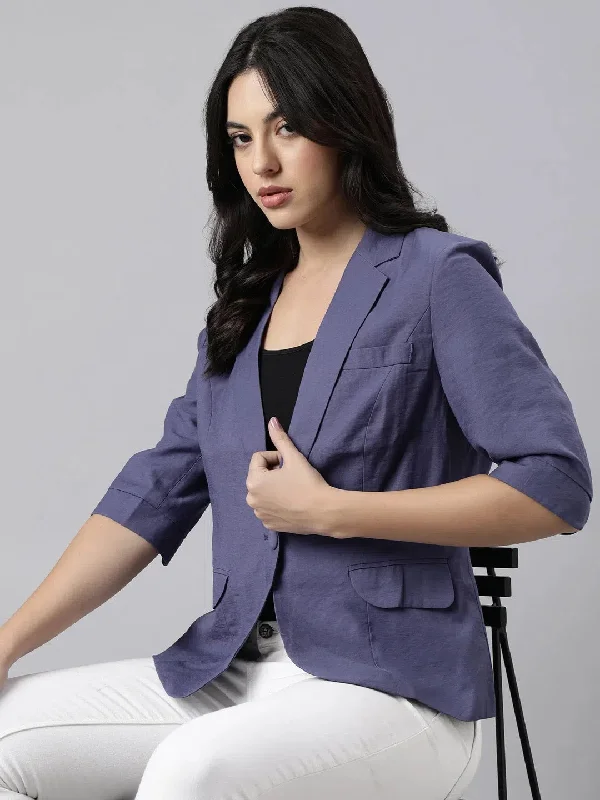 Women Violet Single-Breasted Blazer-73008-Violet Women's Simple Jacket