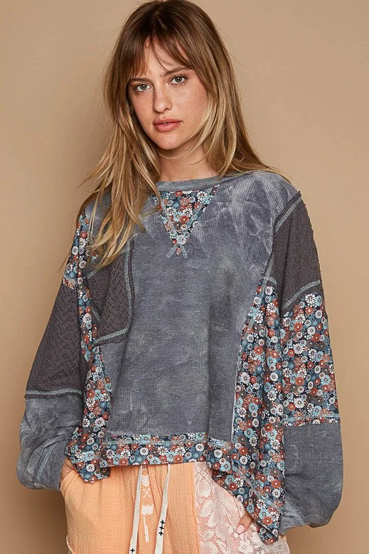 Blue Zone Planet |  POL Floral Patchwork Round Neck Knit Top Gold Knit Top