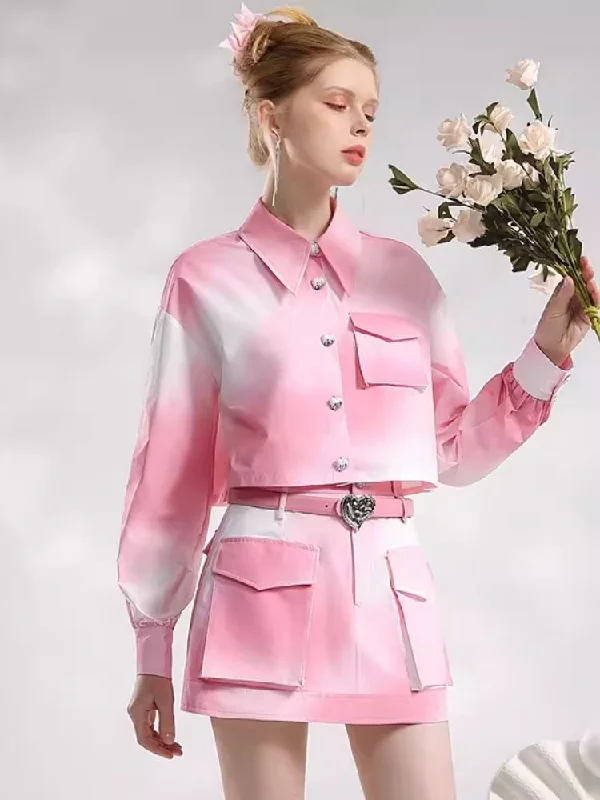 Gradient Pink Printed Pocket Short Jacket【s0000006829】 Satin Jacket Silk Jacket Chiffon Jacket Satin Jacket Silk Jacket Chiffon Jacket