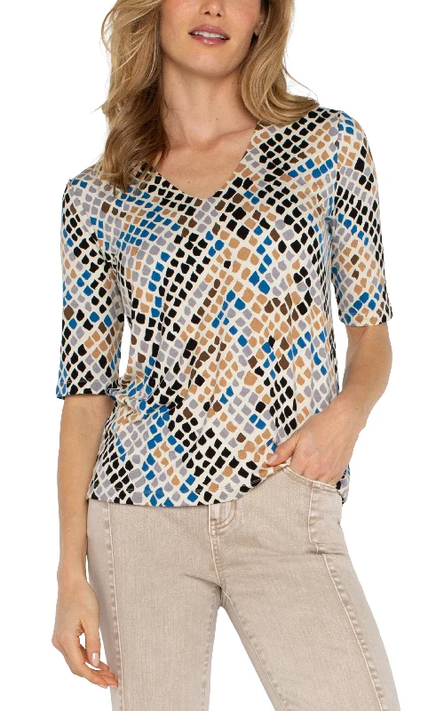 Liverpool 1/2 Sleeve V Neck Double Layer Front Knit Top (Lapis Snake Multi) Luxury Knit Top Liverpool 1/2 Sleeve V Neck Double Layer Front Knit Top (Lapis Snake Multi) Luxury Knit Top