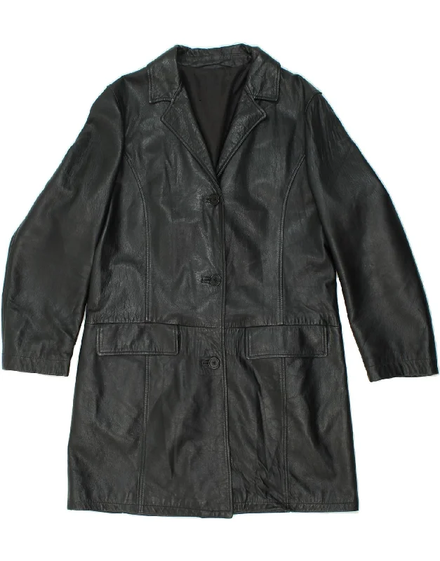 VINTAGE Womens Leather Coat IT 46 Large Black Leather Shawl Collar Notch Collar Lapel Collar VINTAGE Womens Leather Coat IT 46 Large Black Leather Shawl Collar Notch Collar Lapel Collar