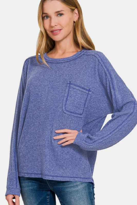 Zenana Contrast Stitching Brushed Ribbed Hacci Knit Top Long Sleeve Knit Tee