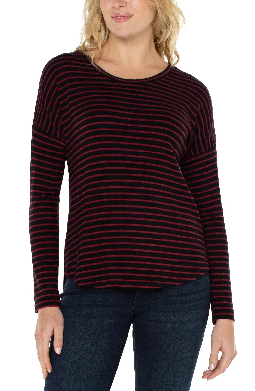 Liverpool's Long Sleeve Drop Shoulder Scoop Neck Knit Top (red/black stripe) Spring Knit Blouse