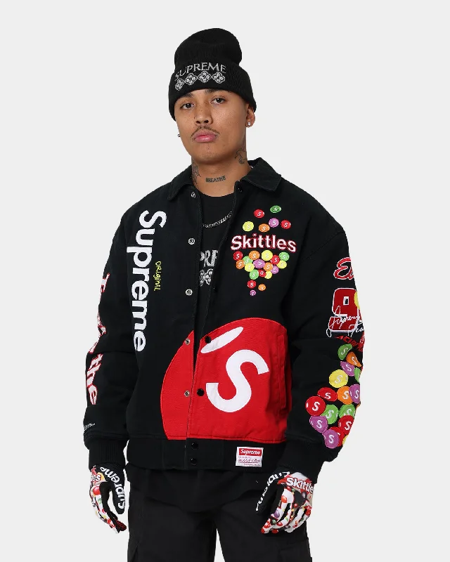 Supreme X Mitchell & Ness X Skittles Varsity Jacket Black Nylon Fabric Polyester Fabric Spandex Fabric Nylon Fabric Polyester Fabric Spandex Fabric