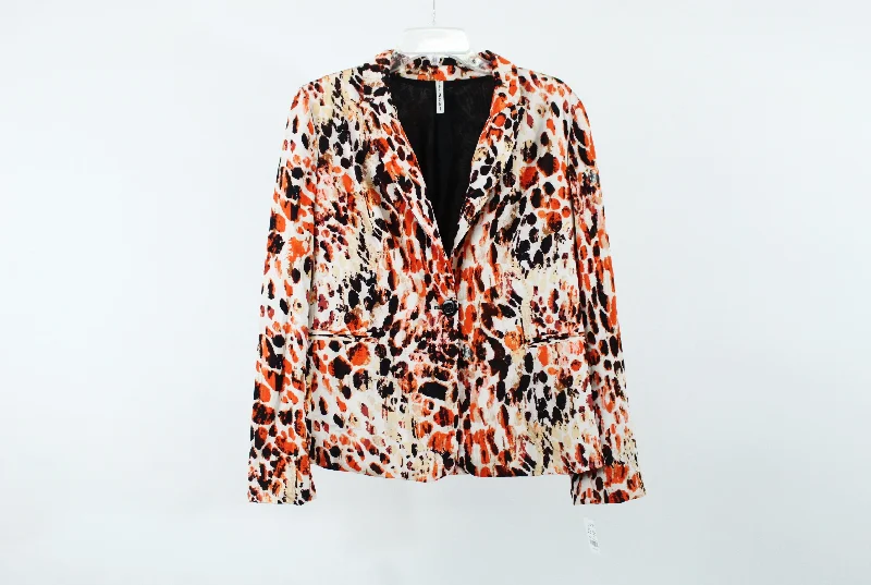 Tessori Orange Patterned Stretch Blazer | M Women's Trendy Jacket