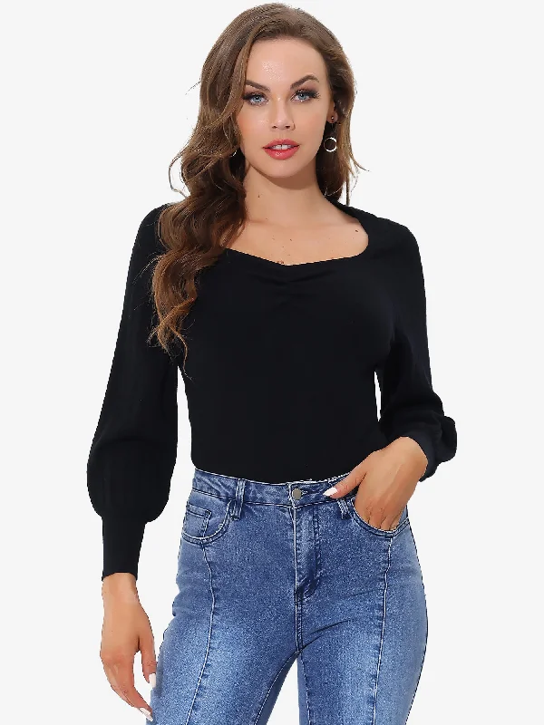 Lantern Sleeve Square Neck Slim Fitted Long Sleeve Casual Knit Tops One Shoulder Knit Shirt