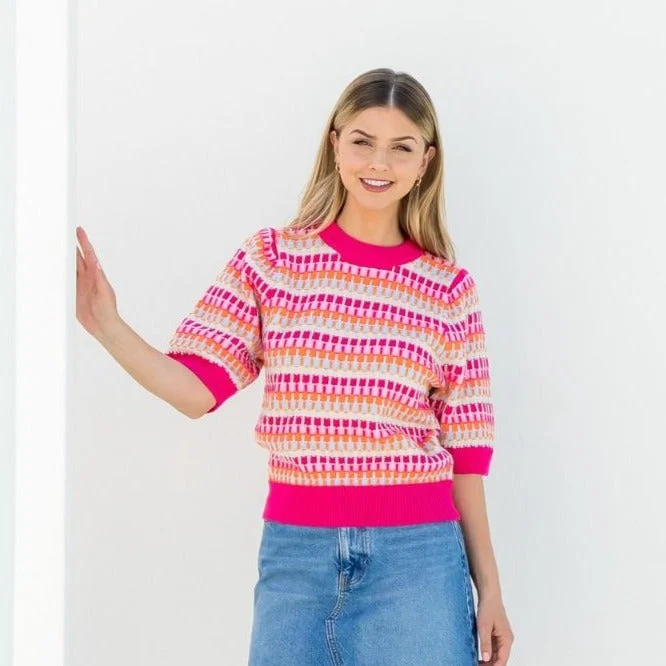 Crochet Pattern Knit Top- Magenta Long Sleeve Knit Tee