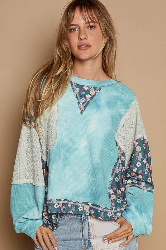 Blue Zone Planet |  POL Floral Patchwork Round Neck Knit Top Mint Green Knit Blouse