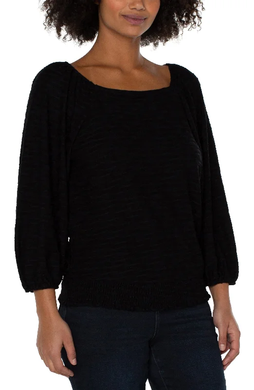 Liverpool 3/4 Puff Sleeve Square Neck Knit Top w/Smocking (Black) Autumn Knit Shirt