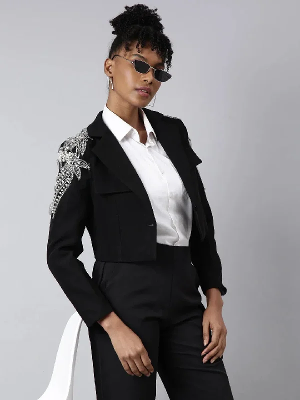 Women Black Solid Single Breasted Crop Blazer-55-Black Women's Party Jacket