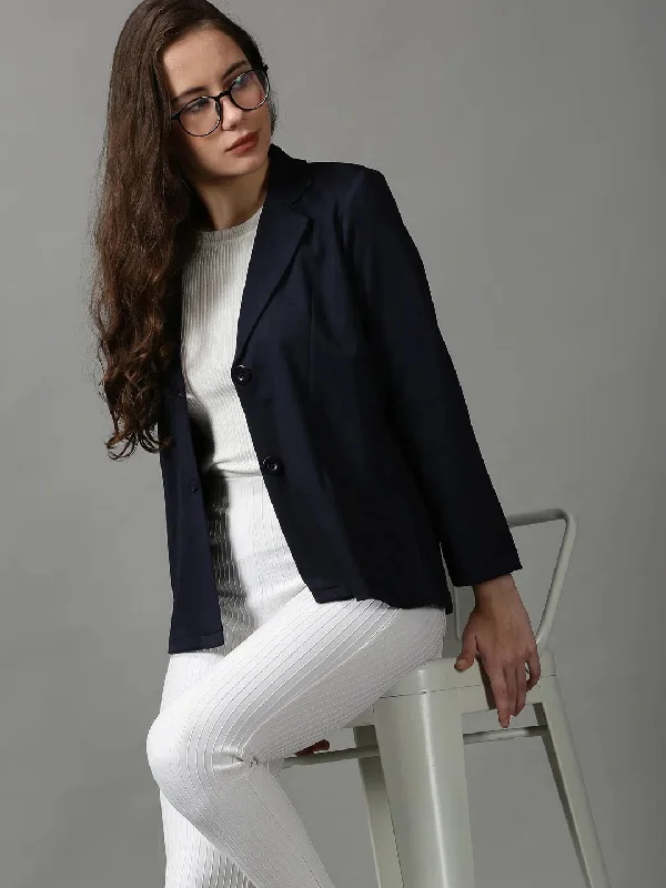 Women's Navy Blue Solid Open Front Blazer-AE-31042-Navyblue Women's Trendy Jacket