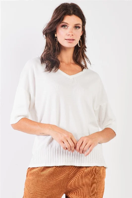 V-Neck Short Sleeve Loose Fit Rib Hem Knit Top Daily Wear Knit Tee