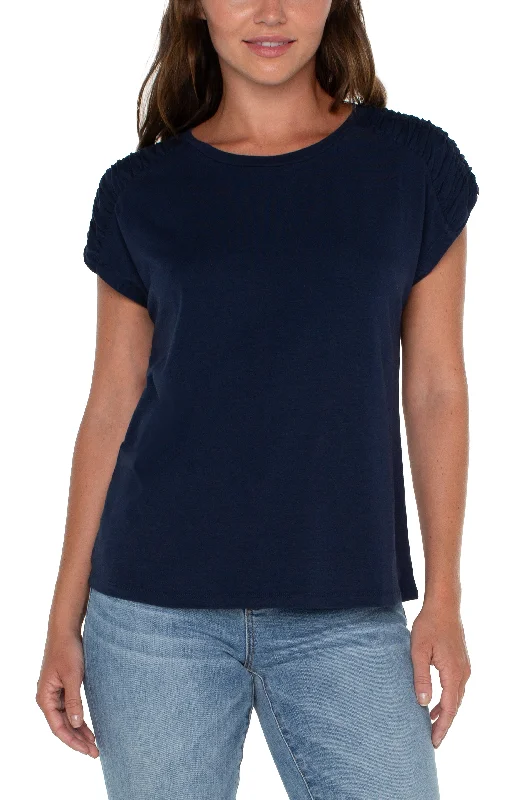 Liverpool Smocked Shoulder Scoop Neck Raglan Knit Top (dark navy) Warm Knit Tee