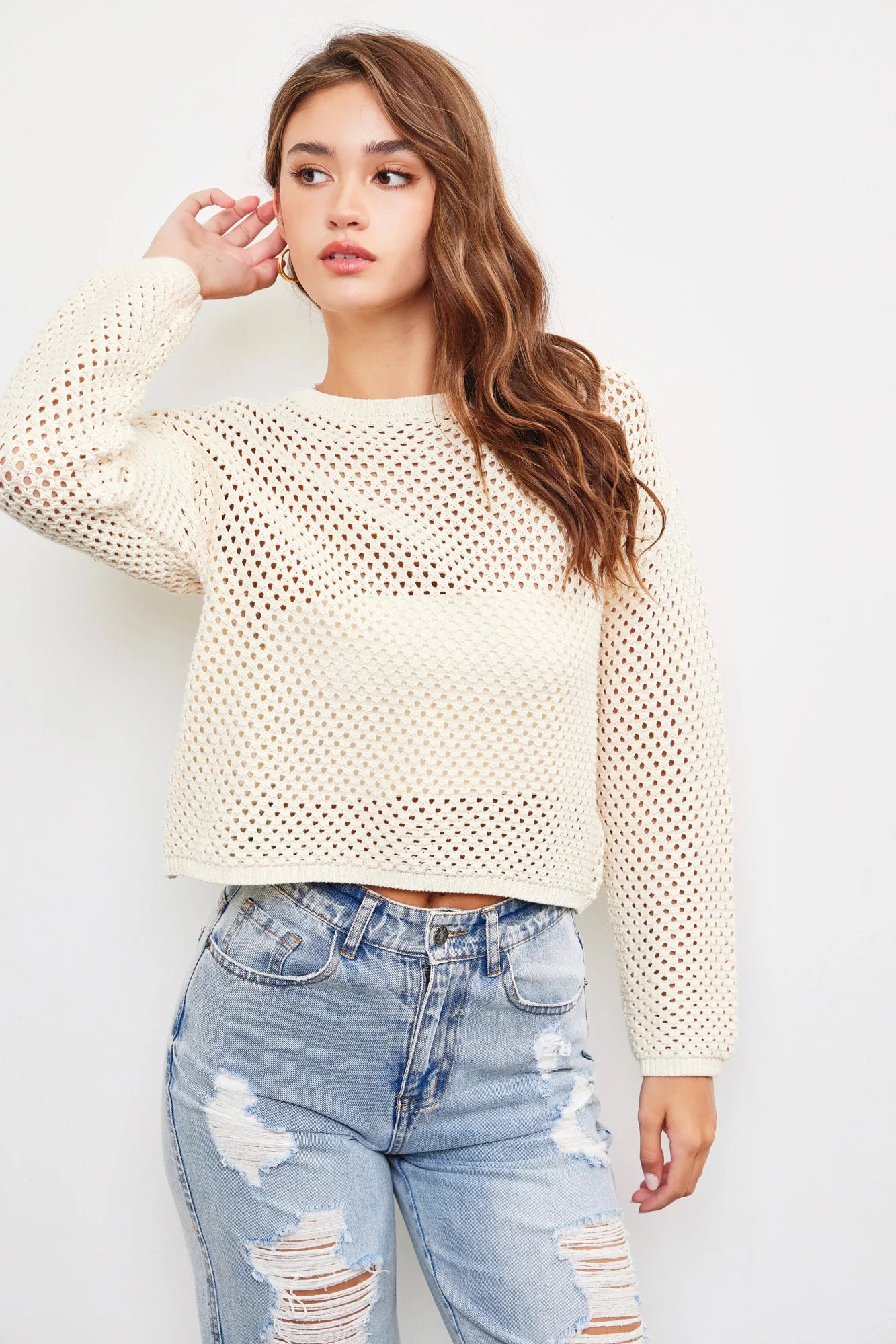 Open Hole Round Neck-Line Long Sleeve Knit Top Designer Knit Top