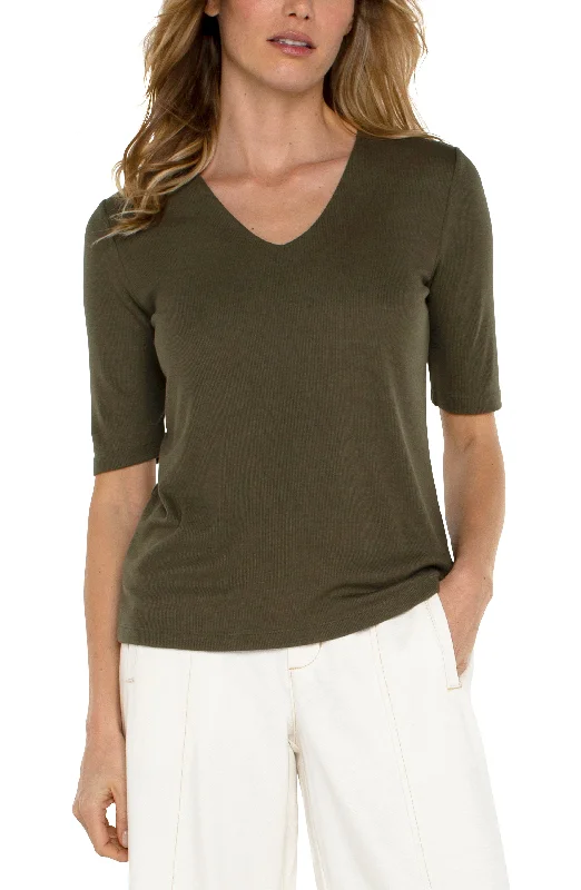 Liverpool Double Layer V Neck 1/2 Sleeve Rib Knit Top (Spanish Olive) Hemp Knit Blouse Liverpool Double Layer V Neck 1/2 Sleeve Rib Knit Top (Spanish Olive) Hemp Knit Blouse