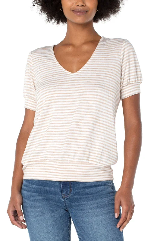 Liverpool Twist Back Striped Short Sleeve Knit Top (Khaki & White) Bright Color Knit Shirt