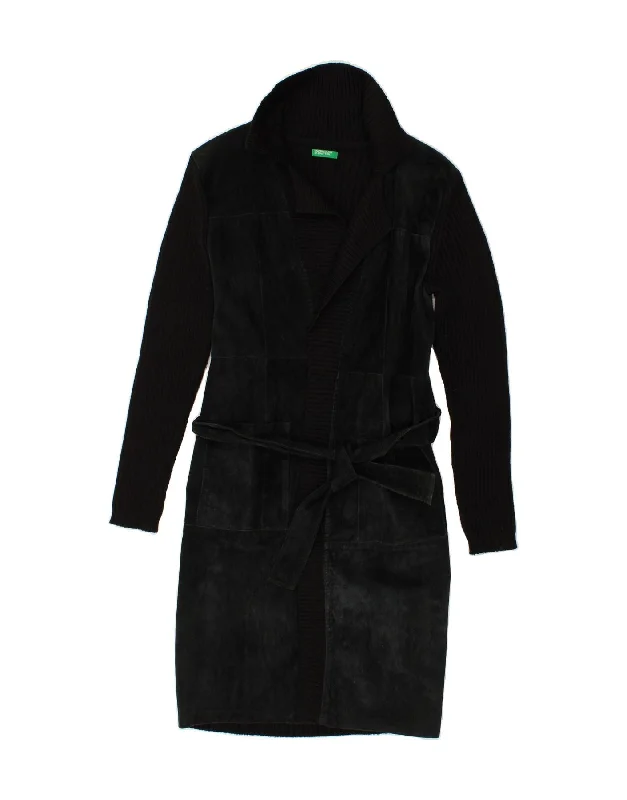 BENETTON Womens Belted Leather Coat UK 10 Small Black Patchwork Leather Fleece Down Feather BENETTON Womens Belted Leather Coat UK 10 Small Black Patchwork Leather Fleece Down Feather