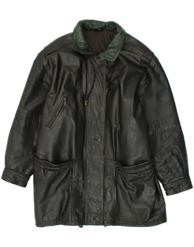 VINTAGE Womens Leather Coat EU 38 Medium Black Welt Pockets Slit Pockets Flap Pockets VINTAGE Womens Leather Coat EU 38 Medium Black Welt Pockets Slit Pockets Flap Pockets
