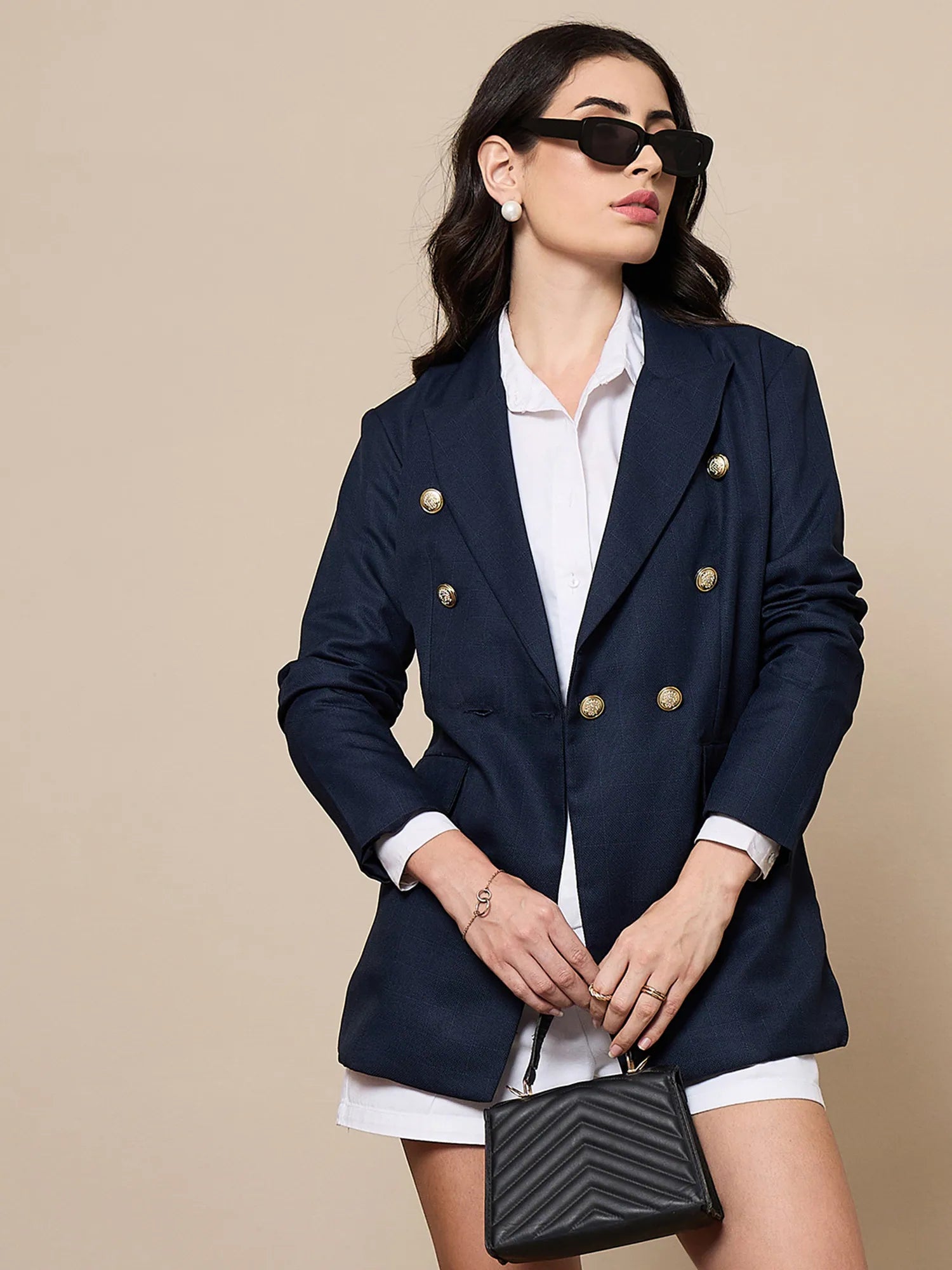 Women Navy Double-Breasted Check Blazer-SFJCKT6947 Women's Unique Blazer