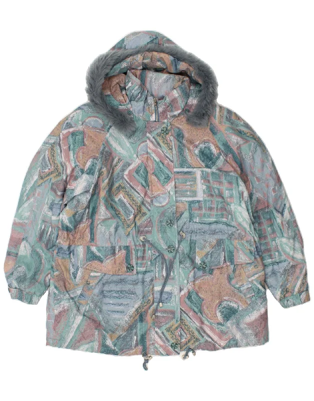 VINTAGE Womens Hooded Windbreaker Coat UK 22 2XL Blue Patchwork Polyester Sequined Lace Ribbed VINTAGE Womens Hooded Windbreaker Coat UK 22 2XL Blue Patchwork Polyester Sequined Lace Ribbed