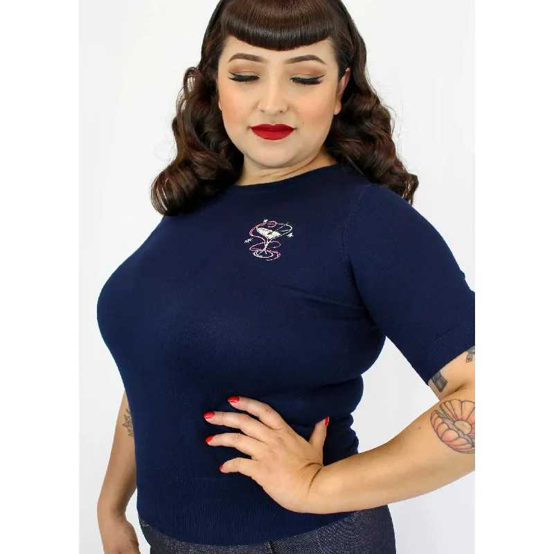 Hemet Embroidered Martini Navy Blue Knit Top Polo Neck Knit Top