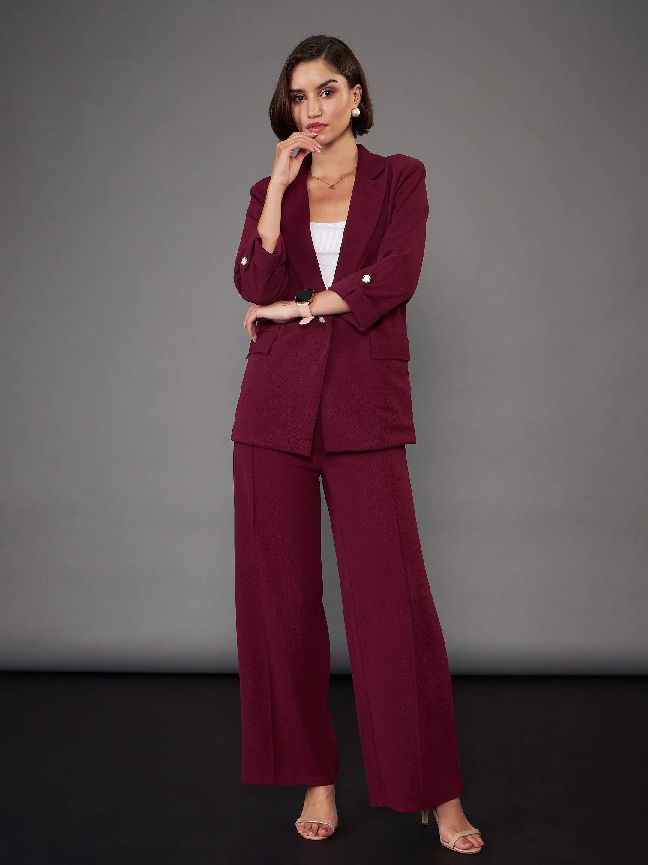 Women Burgundy Front Button Blazer With Palazzo Pants Women's Fashion Blazer