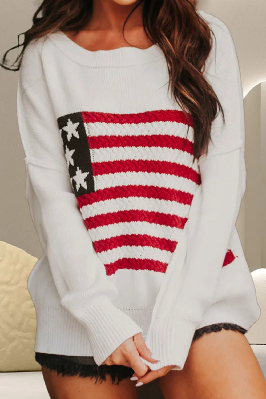 Hazel Blues® |  US Flag Round Neck Long Sleeve Knit Top Luxury Knit Top