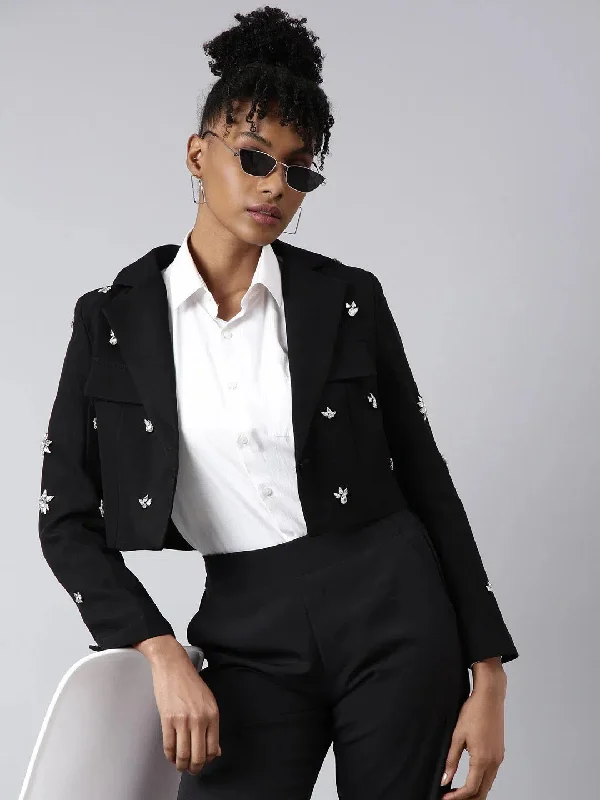 Women Black Solid Single Breasted Crop Blazer-57-Black Women's Wedding Blazer