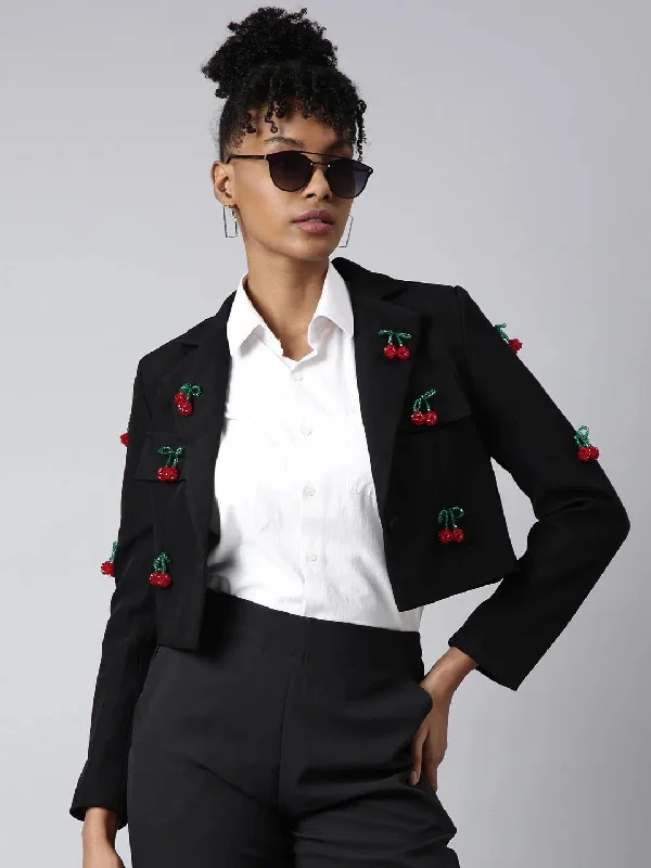 Women Black Solid Single Breasted Crop Blazer-53-Black Women's Trendy Jacket