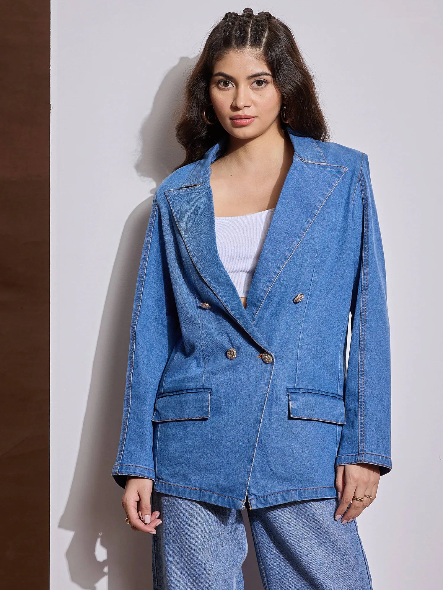 Women Blue Notch Collar Full Sleeve Blazer-SFJCKT6958 Women's High-End Blazer