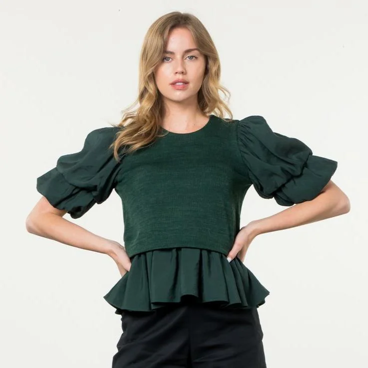 Mixed Media Puff Sleeve Knit Top - Green Autumn Knit Shirt
