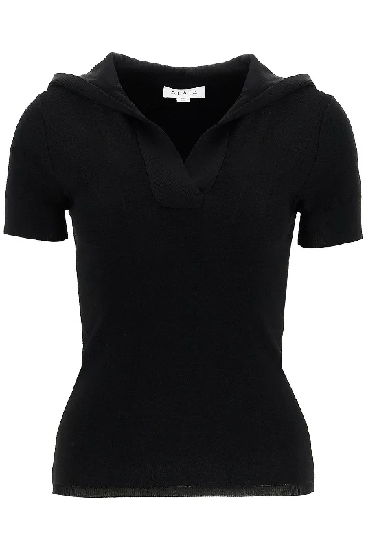 Hooded Piqué Knit Top With  - Black Custom Knit Shirt