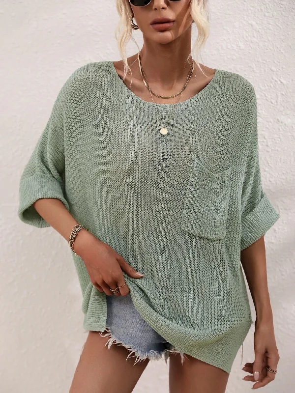 Boat Neck Cuffed Sleeve Slit Tunic Knit Top Minimalist Knit Blouse